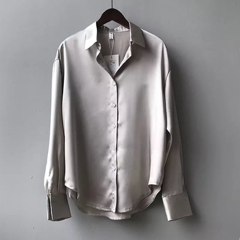 Gray silver blouse shirt button long sleeve apricot long sleeve